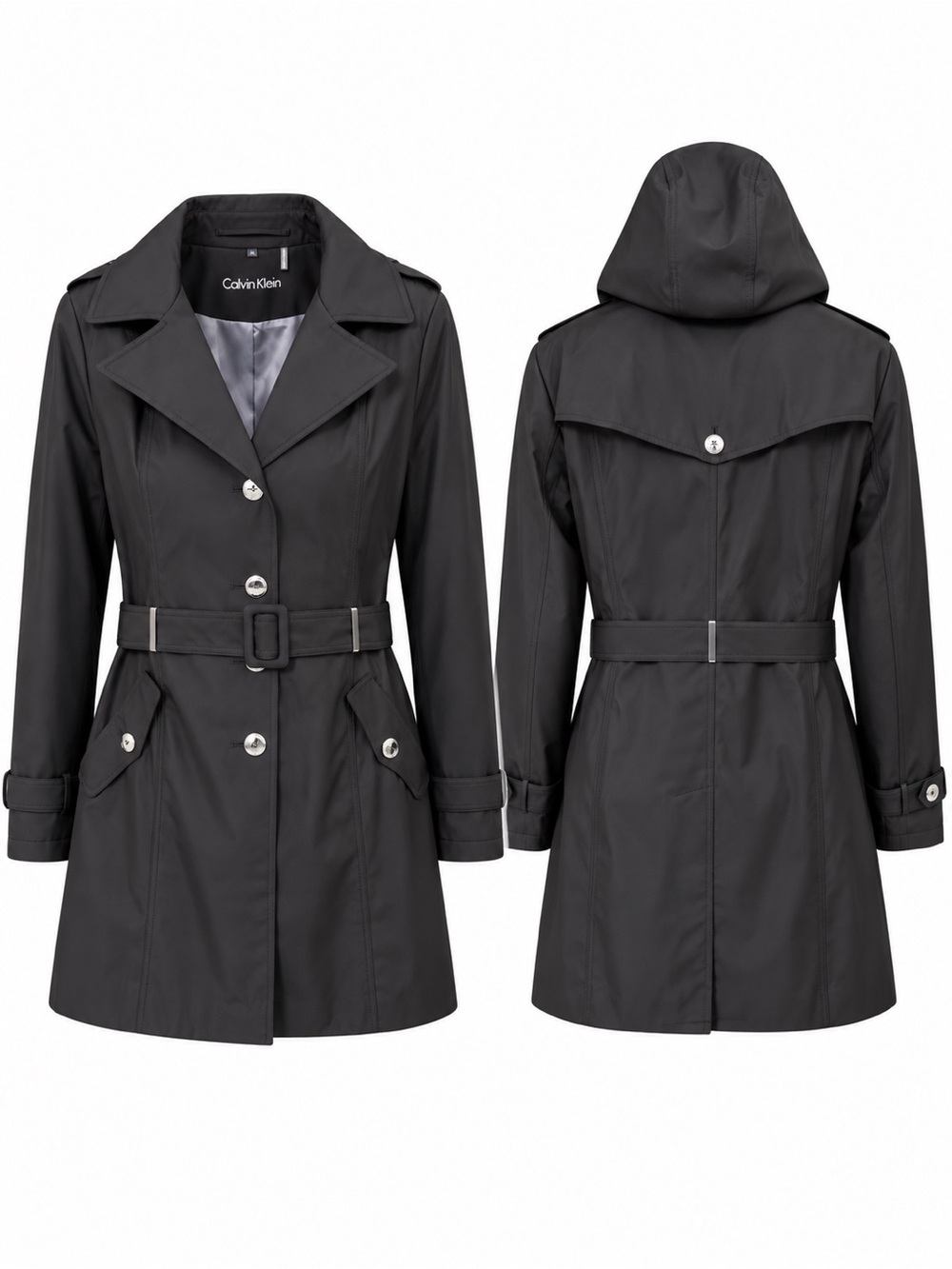 Calvin Klein Black Hooded Belted Trench Coat XL NWT Water Resistant